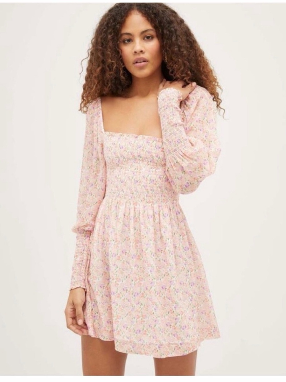 Hill House Home Grace Mini Nap Dress Pink Floral Long Sleeve Size Small